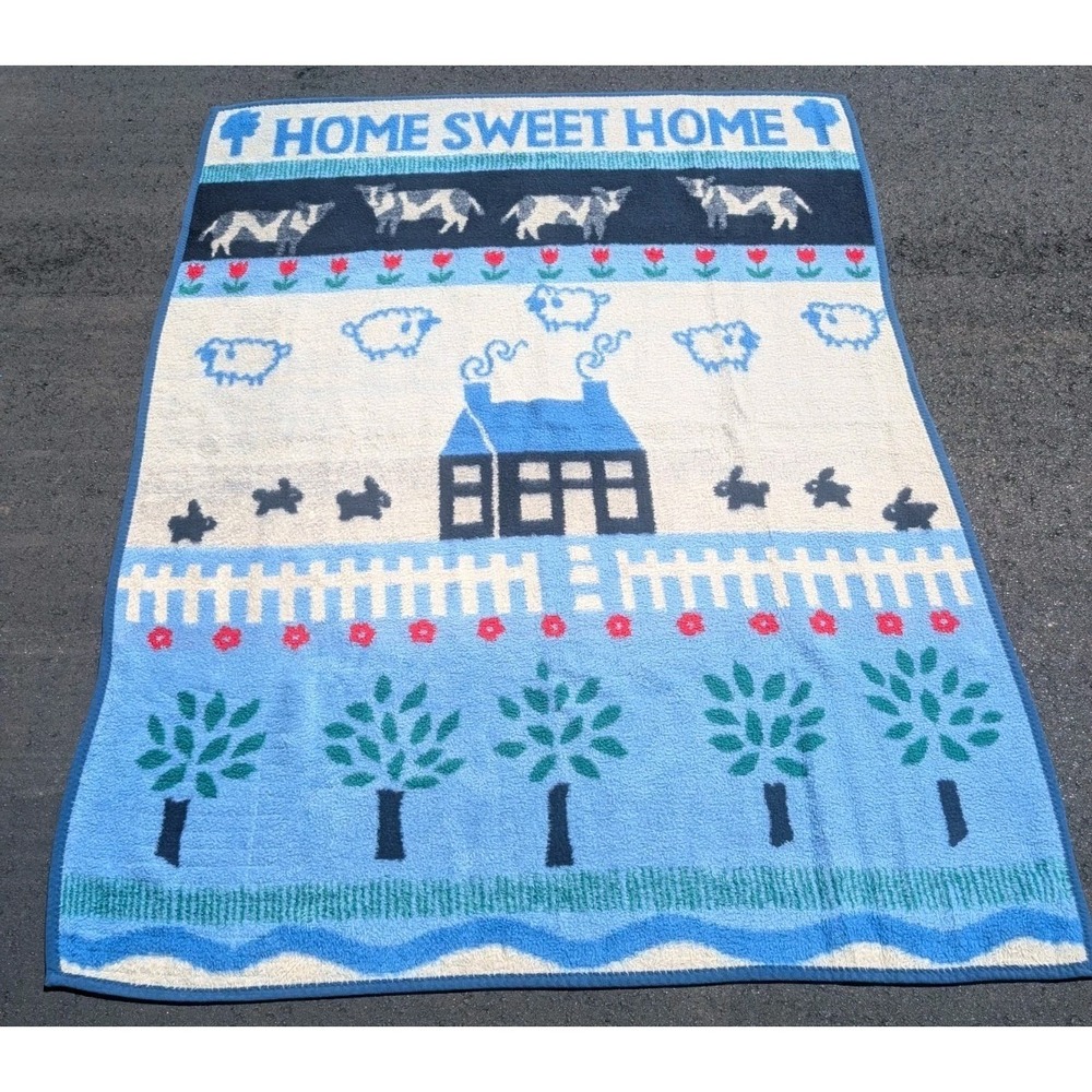 Vintage CROWN CRAFTS HOME SWEET HOME COUNTRY COW SHEEP THROW BLANKET 60" X 80"